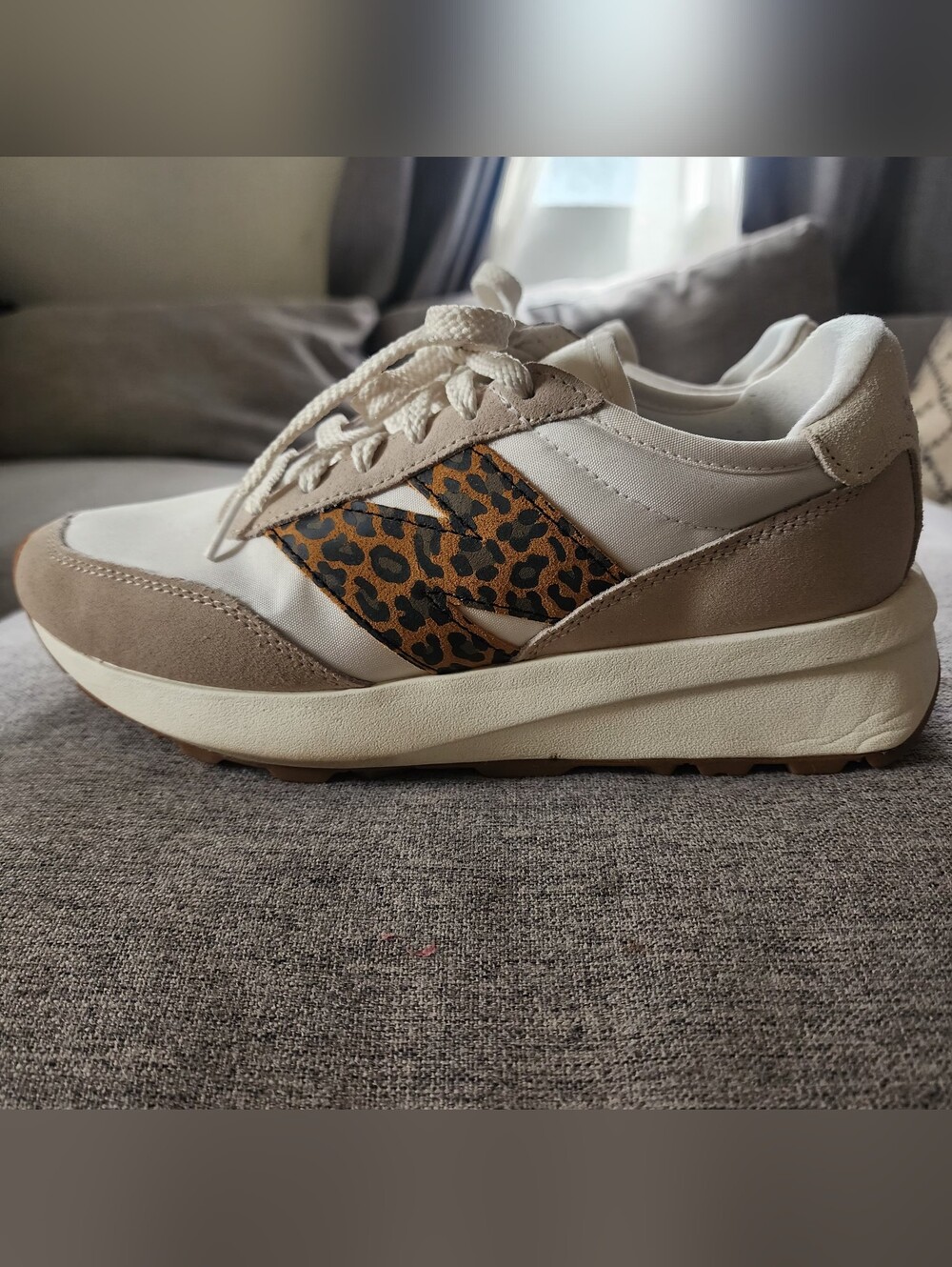 New Balance Women's Beige and White Sneakers with Leopard Accent